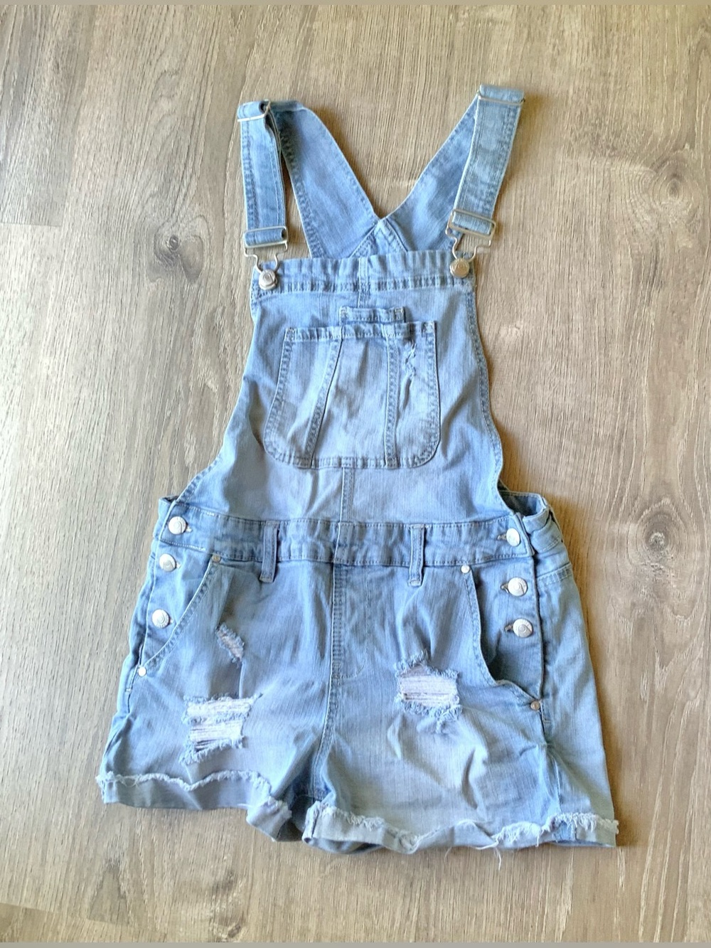 Blue Spice Light Wash Distressed Denim Short Overalls Juniors 9
